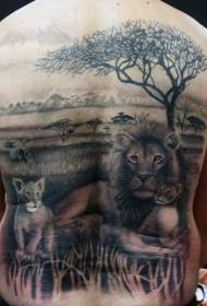 indietro famiglia di leone nero incredibilmente realistica al Wild Tattoo Pattern