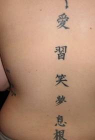 reen ĉinaj kanji laŭ rekta linio de tatuaje