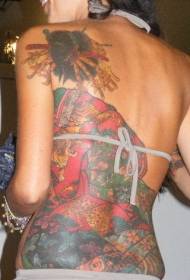 back colored geisha tattoo pattern