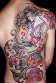 ກັບຄືນໄປບ່ອນ geisha ສີຂີ້ເຖົ່າທີ່ສະຫງ່າງາມທີ່ມີຮູບແບບ tattoo floral ສີແດງ