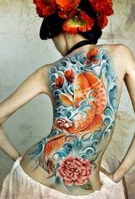 lányok vissza csodálatos koi virág tetoválás minta