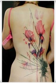 女の子バック水彩風赤い花のタトゥーパターン