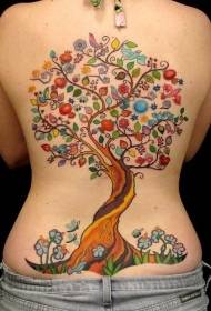 grande mudellu di tatuaggi di albero cù foglie colorate nantu à u spinu