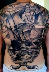muguras melnbaltā burāšanas Poseidon personības tetovējuma modelis