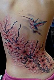 isihlahla sowesifazane emuva esinezimbali nephethini ye-hummingbird tattoo