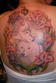 model de tatuaj de lup de culoare și de flori din spate