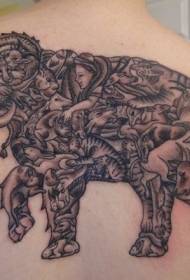 schiena sagoma di elefante grigio nero con vari disegni di tatuaggi di animali
