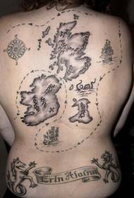 hrbtni navtični zemljevid in črk kompas črni vzorec tatoo