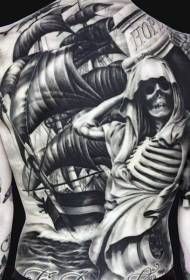 Voltar incrível navio maciço e padrão de tatuagem de esqueleto