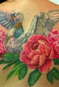 natrag dva realistična cvijeća božura i uzorak labudova tetovaža