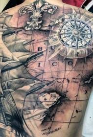 fantastisk verdenskart med kompass og tatoveringsmønster med full rygg