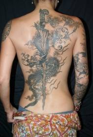 rug swartgrys draak en swaard-tatoeëringspatroon