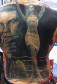 Modello di tatuaggio molto realistico in bianco e nero a tema boxe ritratto schiena piena