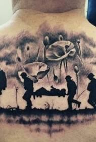 back amazing black and white soldiers and poppies tattoo pattern