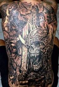 back Gorgeous black and white variety of monsters with castle tattoos
