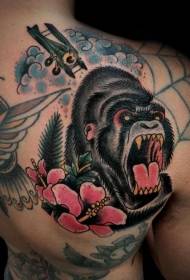 spate gorila neagra cu model de tatuaj de flori roz