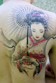 Elegante geisha con motivo a tatuaggio ad ombrello