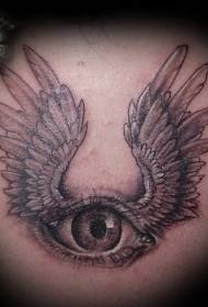 背部写实的黑色眼睛和白色的翅膀纹身图案