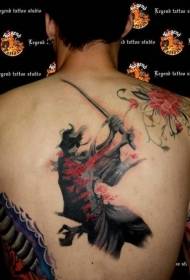 Puikaus akvarelės stiliaus japonų samurajų tatuiruotės modelio užpakalinė dalis