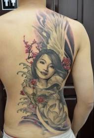 potret gadis cantik kembali dan pola tato lotus