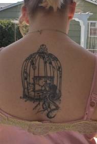 modello di tatuaggio posteriore nero con gabbia per uccelli