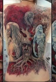 Sul retro del fantastico modello di tatuaggio colorato di mostro e ritratto