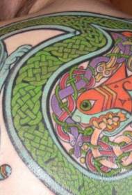 back Celtic style big snake eating snake tattoo pattern