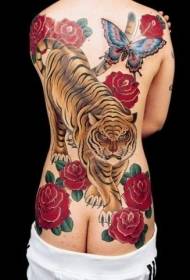 back color big tiger and red flower tattoo pattern