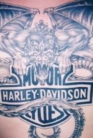 nugaros drakonas ir „Harley Davidson“ logotipo tatuiruotės raštas 75383 - motociklo tatuiruotės modelis važiuoja atgal į kaukolę