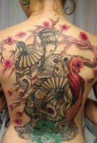 ຮູບແບບ tattoo geisha ຕົ້ນໄມ້ສີດໍາແລະສີແດງ