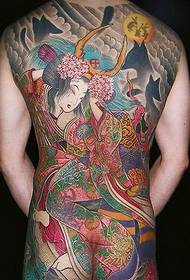 Gran tatuaje de tatuaje de geisha japonesa kimono ribenyijihefu de espalda completa