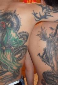 dúas personas de volta de dragón de estilo chino Guan Gong Guanyin patrón de tatuaxe