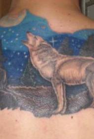 modèle de tatouage dos loup et ciel nocturne