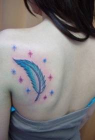 lány vissza aranyos kék toll csillag tetoválás minta
