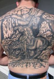 nugaros juodos ir baltos spalvos Indijos samurajų ir erelių tatuiruotės modelis
