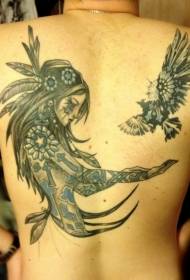 nugaros Indijos mergaitės ir paukščio tatuiruotės modelis