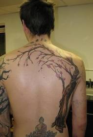 indietro Buddha statua loto e grande modello di tatuaggio ad albero