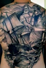 stunning black and white boat and sea god full back tattoo pattern