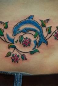 derék kék delfin és virág szőlő tetoválás minta