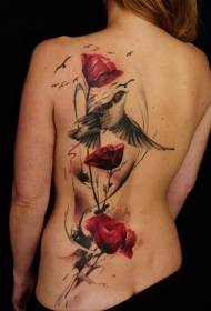 Retour au merveilleux motif de tatouage d'oiseaux et de fleurs d'aquarelle