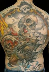 назад піратський череп і вітрильник пофарбовані татуювання візерунок