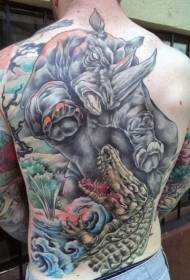Modello di tatuaggio rinoceronte colorato realistico realistico e coccodrillo