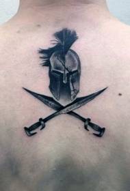 Zadná jednoduchá čierna prilba Spartan a tetovací vzor so skríženým mečom