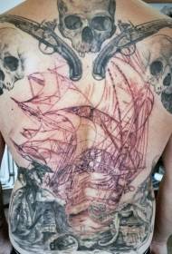 спина массивная черно-белая пиратская тема татуировки