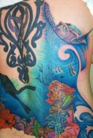 Nugaros spalvos povandeninio pasaulio tatuiruotės raštas