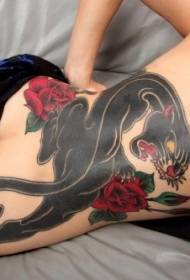 nugaros spalvos asmeninis panteros ir rožės tatuiruotės raštas