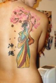 背部丰富多彩花朵树和汉字纹身图案
