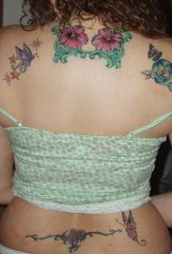 back beautiful colored flowers with butterfly tattoo pattern