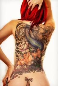 djevojka natrag lijep uzorak sirena tetovaža