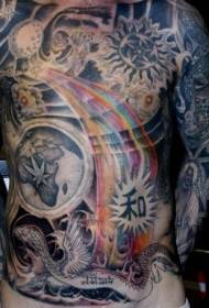 Viso kūno juodai pilka saulės gyvatė su vaivorykštės tatuiruotės modeliu